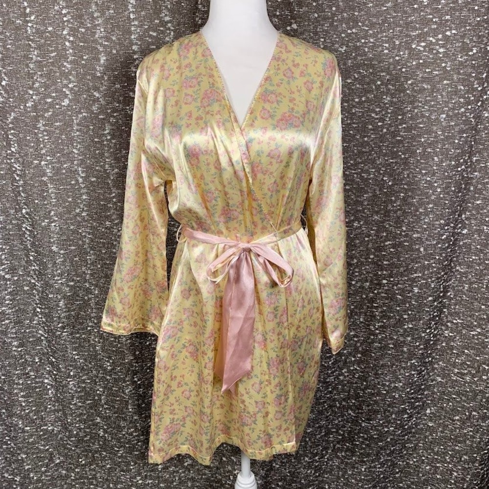 Jones New York Floral Belted Satin Robe Yellow/Pink Cottagecore Women's S/M